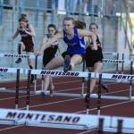 Elmas Jillian Bieker leads the field en route to a victory in the girls 100 meter hurdles on Friday at Montesano High School. Bieker won the race with a time of 16.35. (Ryan Sparks | Grays Harbor News Group)