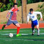 Hoquiams Connor Darras takes a shot from long range in the first half of a game against Elma. (Hasani Grayson | Grays Harbor News Group)