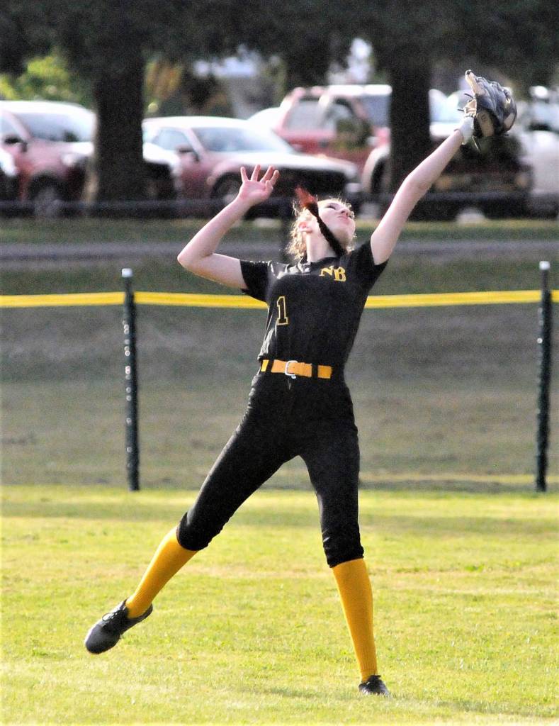 North Beachs Jalynah Evaro catches a line drive in the second inning against Morton-White Pass in the opening round of the 2B District IV Tournament on Monday. (Hasani Grayson | Grays Harbor News Group)