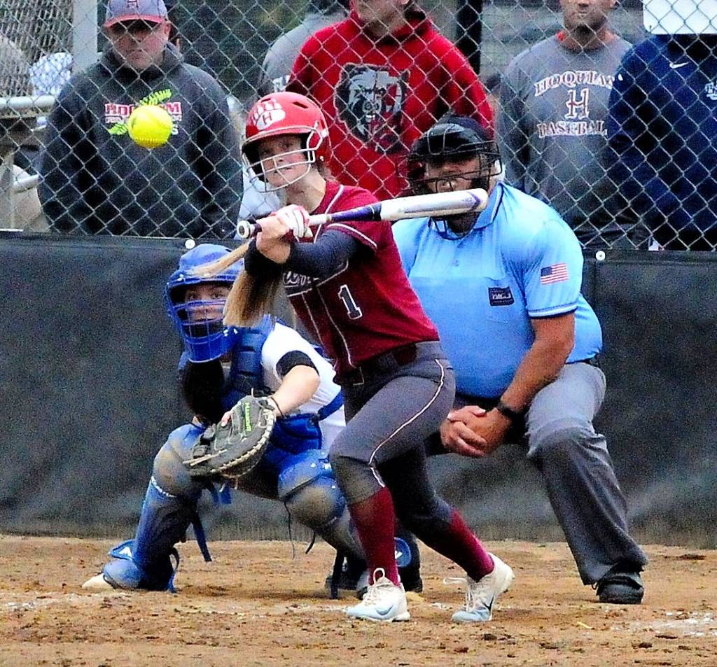 Hoquiams Hailey Lawrence singles in the third inning against La Center in Wednesdays 1A District IV Tournament game in Centralia. (Hasani Grayson | Grays Harbor News Group)