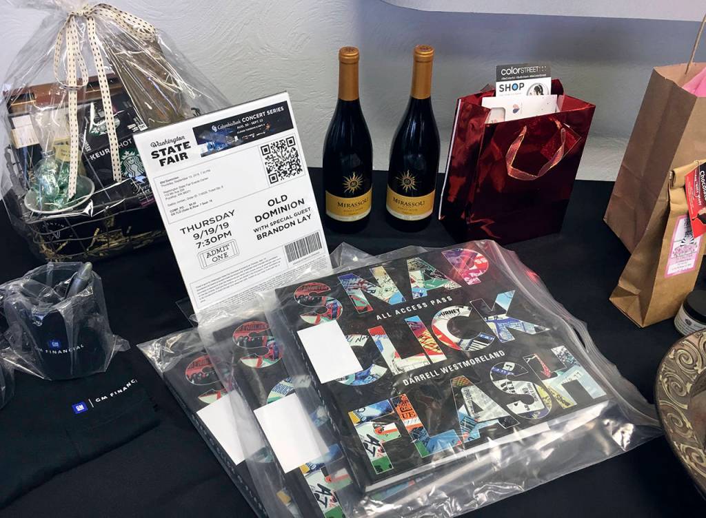 Kat Bryant | Grays Harbor News Group                                Just a few of the door prizes raffled off at Heels and Wheels, donated by women-owned businesses and supporters.