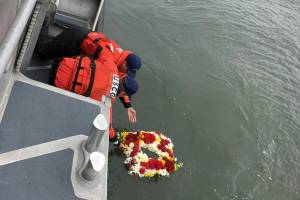 Kat Bryant | Grays Harbor News Group                                The Coast Guards ceremonial laying of the wreath for mariners lost at sea highlights the annual Blessing of the Fleet in Westport.