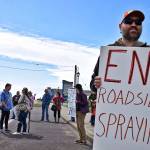 Scott D. Johnston | Grays Harbor News Group                                Ocean Shores resident Matt Cyphert was among about 15 who gathered on Chance a la Mer Boulevard in front of the Convention Center last week to protest the roadside weed spraying in the city.