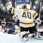 Tuukka Rask (40) of the Boston Bruins tends the net against the St. Louis Blues in Game Four of the 2019 NHL Stanley Cup Final at Enterprise Center on Monday. (Jamie Squire | Getty Images/TNS)