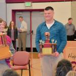 DAN HAMMOCK | GRAYS HARBOR NEWS GROUP                                Hoquiam High School Class of 2019 sports awards recipients included Jackson Folkers, left, with the Elmer Huhta Most Outstanding Athlete Award, and Caleb Larsen and ReyLynn Dunn with the Jay Goldberg Coaches Awards.