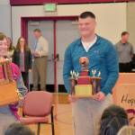 DAN HAMMOCK | GRAYS HARBOR NEWS GROUP                                Hoquiam High School Class of 2019 sports awards recipients included Jackson Folkers, left, with the Elmer Huhta Most Outstanding Athlete Award, and Caleb Larsen and ReyLynn Dunn with the Jay Goldberg Coaches Awards.