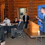 Louis Krauss | Grays Harbor News Group                                Congressman Derek Kilmer discusses the local economy at last Fridays State of Grays Harbor Presentation at Aberdeens Rotary Log Pavilion.