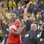 Kawhi Leonard of the Toronto Raptors celebrates his teams 114-110 win against the Golden State Warriors in Game 6 to capture the NBA championship in Oakland, Calif., on Thursday. Leonard was named the Finals MVP (Ezra Shaw/Getty Images)