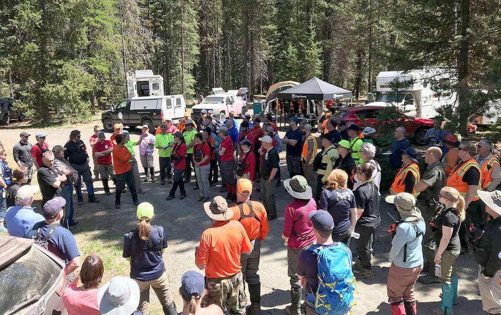COURTESY KITTITAS COUNTY SHERIFFS OFFICE                                More than 200 law enforcement and search and rescue personnel along with volunteers are briefed before a search for evidence and additional remains in the area where a portion of Lindsey Baums skull was found in rugged country on Manastash Ridge near Ellensburg.