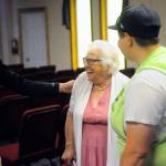 Delma Gilroy, center, laughs with family friend Tyler Boys at her and John Gilroys 70-year anniversary at Lake Quinault Valley Chapel on Saturday. (Hasani Grayson | Grays Harbor News Group)
