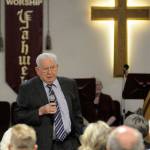 John Gilroy thanks the people that came out to his and Delma Gilroys 70-year anniversary Lake Quinault Valley Chapel on Saturday. (Hasani Grayson | Grays Harbor News Group)
