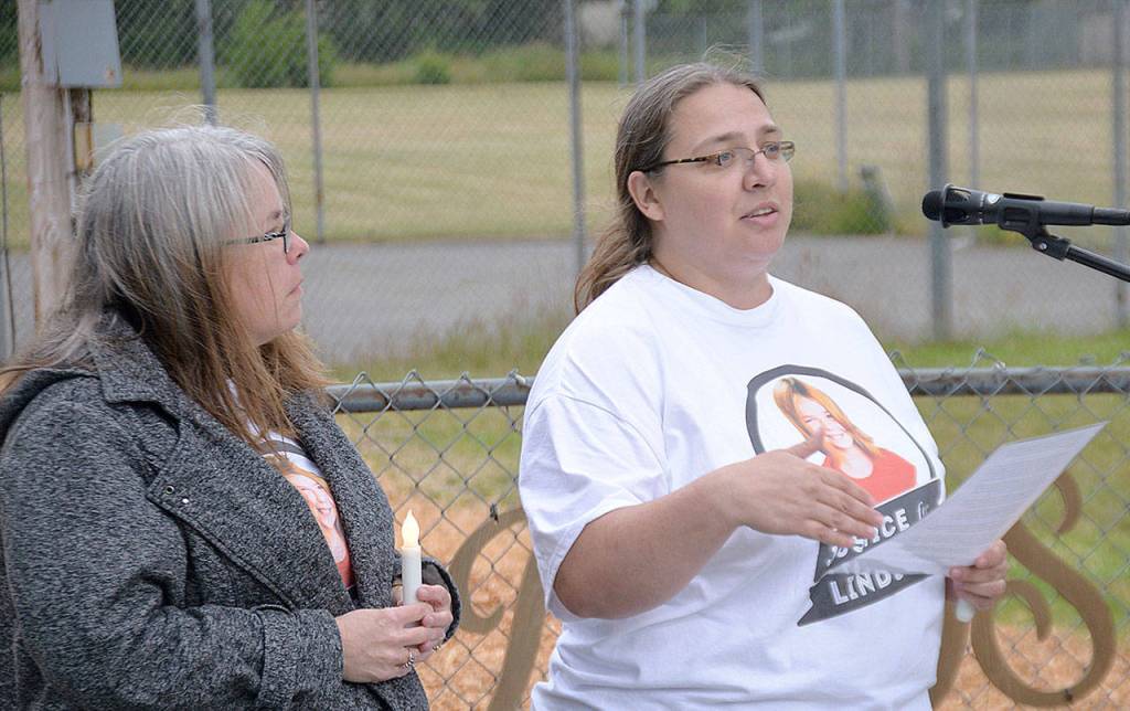 DAN HAMMOCK | GRAYS HARBOR NEWS GROUP                                Michelle Ames, right, welcomes everyone who attended the dedication of the Lindsey Baum remembrance garden in McCleary Wednesday. She thanked the many volunteers, the City of McCleary, and local businesses who made the garden possible.