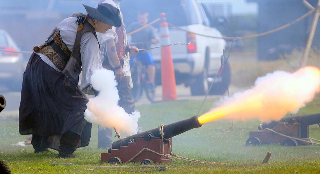 Hasani Grayson | Grays Harbor News Group Megan Obon sets of a cannon during Pirate Daze at the Marina in Westport on Saturday.