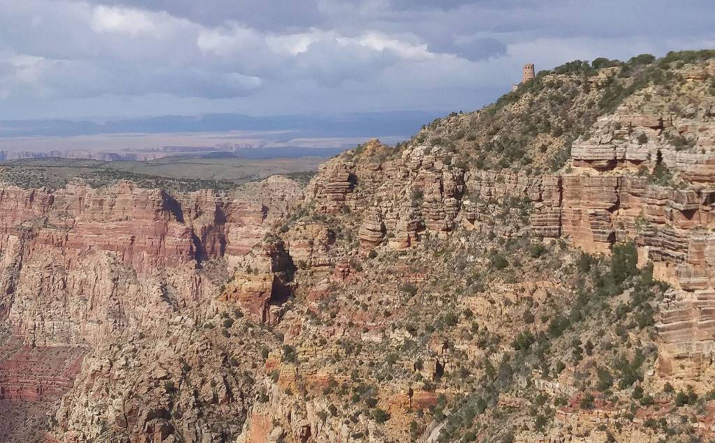 The Desert View Tower, top right, is perched atop the South Rim and well worth a visit. Its just inside the eastern entrance to Grand Canyon National Park.