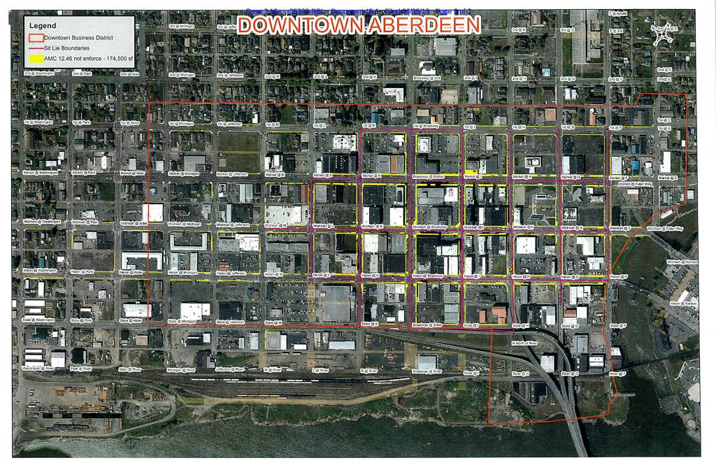 This map was submitted to the courts by the City of Aberdeen. Sidewalks are highlighted in yellow where public camping is allowed. The pink lines represent the zone for the no sit/lie ordinance zone, which will be not enforced temporarily due to the federal judges order.