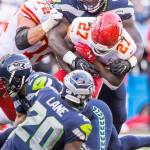 Seahawks defensive tackle Jarran Reed makes the tackle on Chiefs running back Kareem Hunt during a preseason game on Friday, Aug. 25, 2017. Reed was suspended by the NFL on Monday. (Bettina Hansen/Seattle Times/TNS)