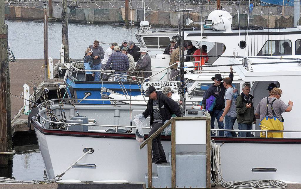 DAN HAMMOCK | GRAYS HARBOR NEWS GROUP                                Charterbboats <em>Tornad</em>o, foreground, and<em> Advantage</em> unload at the Westport Marina on July 23. Walking tours of the marina in August will offer an up-close look at Westports sport charter fleet.