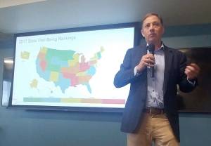 Nick Buettner, vice president of Blue Zones LLC, speaks July 16, 2019, in Elma to a group of about 300 area residents to help assess local interest in his organizations services, which involve helping the community make more healthful lifestyle choices. (Michael Lang | Grays Harbor News Group)