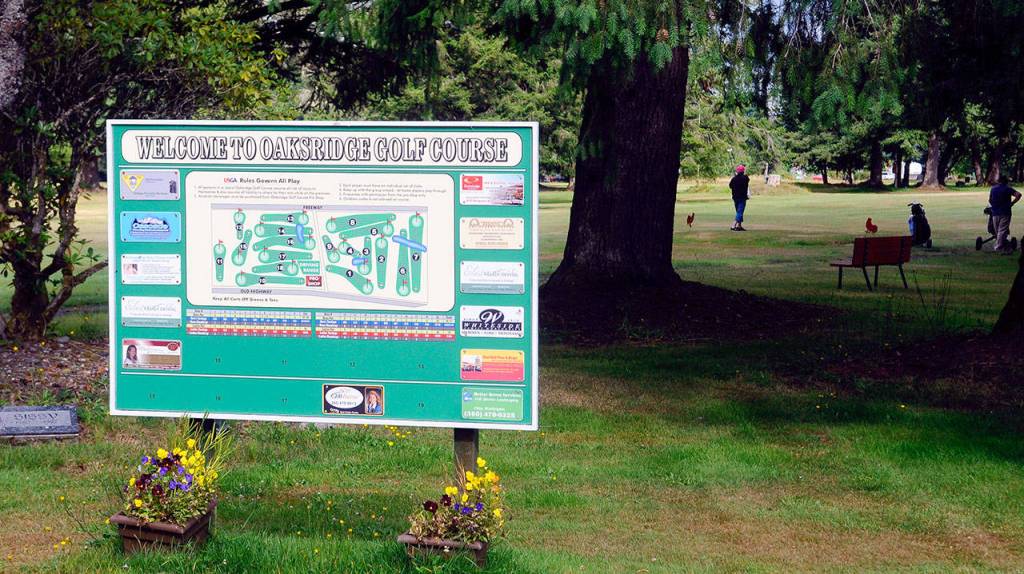 A sign at Oaksridge Golf Course displays the layout of the links. The course was recently sold to the Chehalis Tribe. (Hasani Grayson | Grays Harbor News Group)