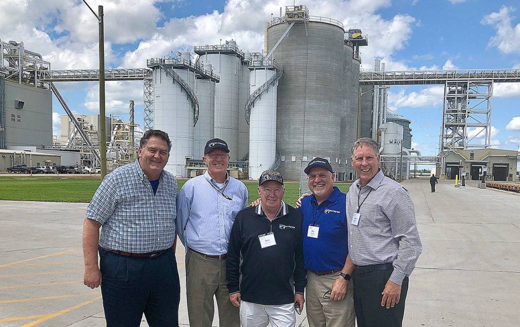 COURTESY PHOTO                                Port of Grays Harbor leadership visited the grand opening of AGPs new Aberdeen, South Dakota soybean processing plant in July. Pictured from left are Port Executive Director Gary Nelson, Port Commissioner Tom Quigg, Port Commission President Stan Pinnick, Port Commissioner Phil Papac and Port Deputy Executive Director Leonard Barnes.