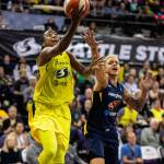 Seattle Storms Jewell Loyd slips around Indiana Fevers Candice Dupree for a shot in the third quarter on Sunday, June 23, 2019 at Alaska Airlines Arena in Seattle, Wash. (Dean Rutz | Seattle Times/TNS)