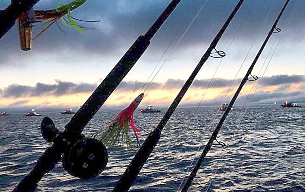 COURTESY MISSION OUTDOORS                                Rods are rigged as a boat heads out at dusk during the 2018 Washington Tuna Classic.