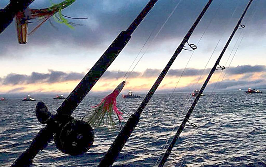 COURTESY MISSION OUTDOORS                                Rods are rigged as a boat heads out at dusk during the 2018 Washington Tuna Classic.