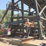 COURTESY DEPARTMENT OF TRANSPORTATION                                The timber pilings at the south approach to the State Route 107 Chehalis River Bridge are shored up with jacks and wood and steel beams as construction crews work to stabilize the bridge, which had settled up to six inches during the bridges rehabilitation project.