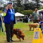 Hasani Grayson | Grays Harbor News Group                                Shay Jones of West Coast Search Dogs stands with rescue dog Duey as she explains how dogs can help find lost people at the Woof-a-Thon on Saturday.