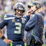 Seattle Seahawks quarterback Russell Wilson talks with offensive coordinator Brian Schottenheimer during the game against the Los Angeles Chargers on Sunday, Nov. 4, 2018 at CenturyLink Field in Seattle, Wash. (Bettina Hansen/Seattle Times/TNS)