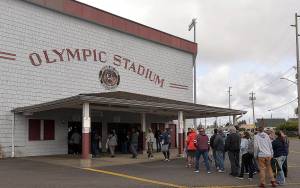 Photo by DAN HAMMOCK | GRAYS HARBOR NEWS GROUP                                Upgrades are coming to Hoquiams historic Olympic Stadium. Here people line up to enter the stadium before the 2018 Loggers Playday competition.
