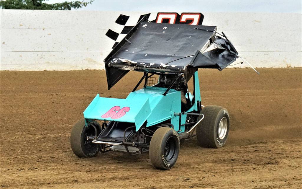 Tyrell Mead guides his sprint car around the track after suffering damage to his top wing during an Interstate Sprint Car Series race on Friday in Elma. (Photo by AR Racing Videos)