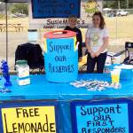 Courtesy photo                                SusieMaries Lemonade Stand, an annual fundraiser, pulled in nearly $2,200 Aug. 18 during the Festival in the Park in Cosmopolis. About $1,700 went to the Cosmopolis Police Department Reserves, and $500 went to the Cosmopolis Volunteer Fire Department. Pictured are SusieMarie Brenenstahl (at right) and Zoe Vessey, who helped run the stand this year. Next year, the 14th annual Lemonade Stand will be SusieMaries senior project  and it will be the last one, according to her grandmother, Ann Peery.