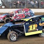 Tom Sweatman (11) leads Tyson Blood in a modifieds race on Saturday in Elma. (Photo by AR Racing Videos)
