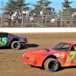 Siblings Samantha Stevens (55) and Jared Stevens race in the Cut Rate Auto Parts Street Stocks class at Grays Harbor Raceway on Saturday in Elma. (Photo by AR Racing Videos)