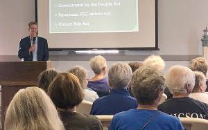 COURTESY PHOTO                                Congressman Derek Kilmer speaks to a group of about 60 at a town hall meeting in Westport Monday.