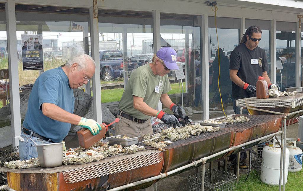 DAN HAMMOCK | GRAYS HARBOR NEWS GROUP                                Volunteers grill Pacific oysters at the Westport Seafood Festival Saturday.