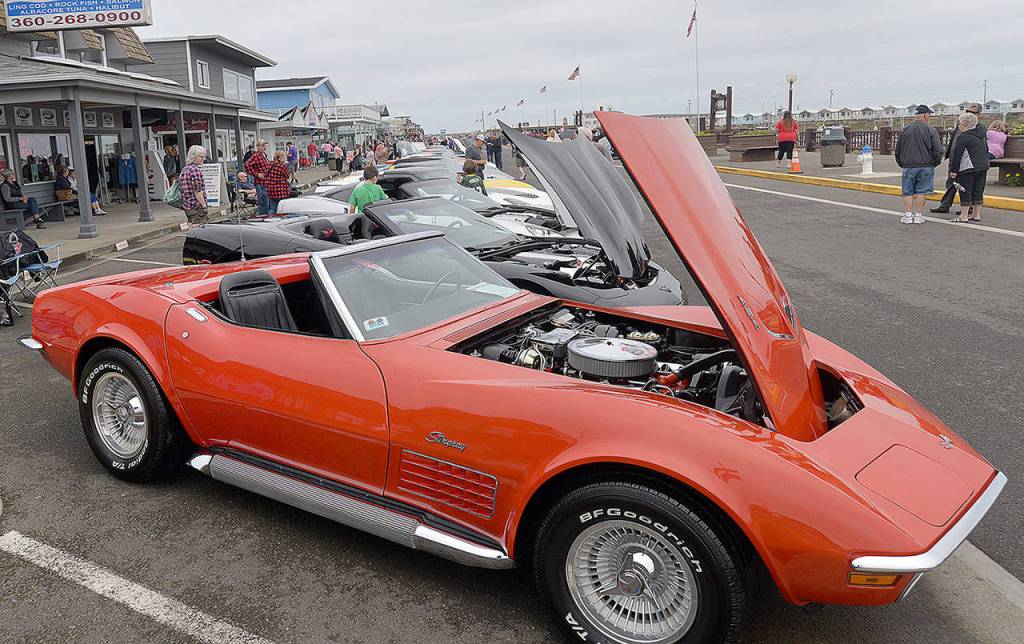 DAN HAMMOCK | GRAYS HARBOR NEWS GROUP                                Corvettes new and old lined both sides of Westhaven Drive in Westport for the annual Corvettes at the Marina show Saturday.