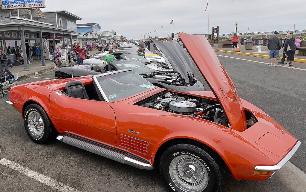 DAN HAMMOCK | GRAYS HARBOR NEWS GROUP                                Corvettes new and old lined both sides of Westhaven Drive in Westport for the annual Corvettes at the Marina show Saturday.