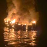 A boat caught fire off the Ventura County, California, coast Monday morning near Santa Cruz Island and a rescue operation is underway. (Santa Barbara Fire Dept.)