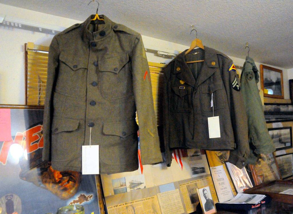 Hasani Grayson | Grays Harbor News Group                                Coats from World War I, World War II and Vietnam hang near the entrance of the McCleary Museum.