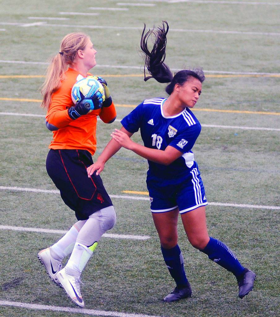 Grays Harbor goalie Kristi Raffelson gets her hands on the ball before Portlands Amelia Pua can get to the rebound in a friendly match against Portland on Wednesday at Stewart Field. (Hasani Grayson | Grays Harbor News Group)