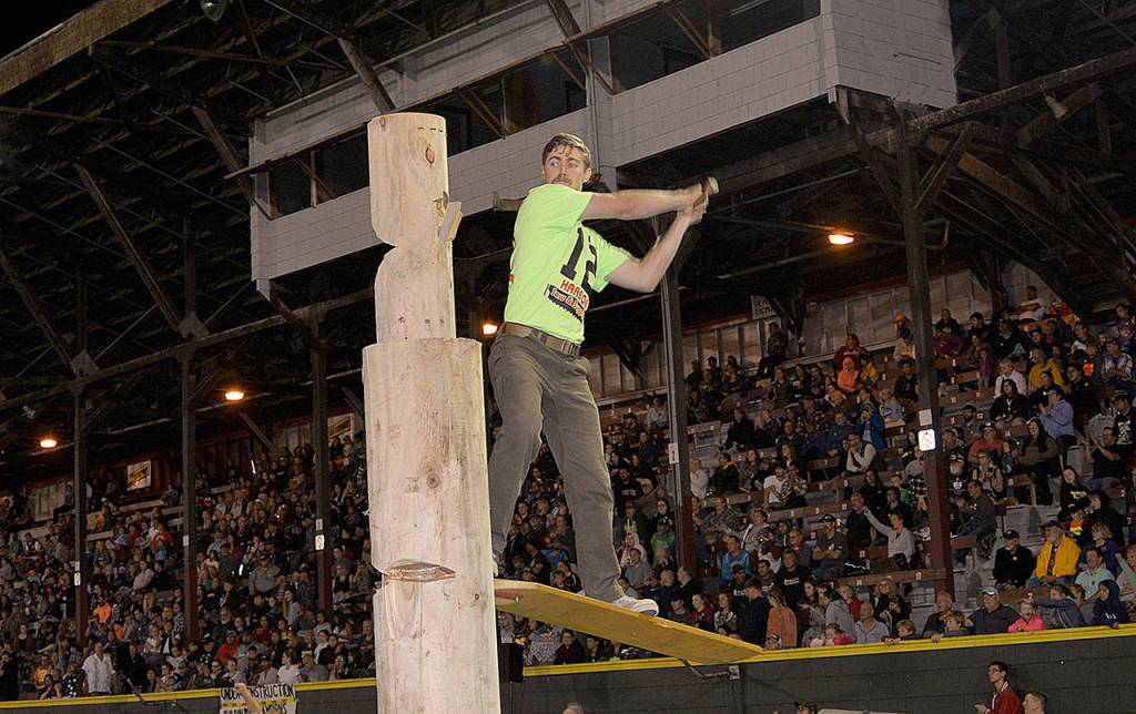 DAN HAMMOCK | GRAYS HARBOR NEWS GROUP                                Colin Towne, shown here on the Springboard Chop, won the All-Around Logger award at Loggers Playday.