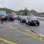DAN HAMMOCK | GRAYS HARBOR NEWS GROUP                                Multiple agencies investigate an officer-involved shooting on West State Street near the Chehalis River Bridge on-ramp early Monday afternoon.