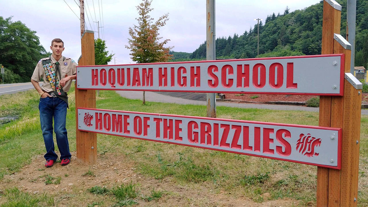Alex L. Tomko of Hoquiam Scout Troop 100 passed his Eagle board of review on Sept. 8. Alex, a senior at Hoquiam High School, is the son of Tammy and Mike Lund of Hoquiam and Todd Tomko of Blaine. His Scoutmaster is Tim Helman, and his Eagle adviser was Rick Strom. Alexs Eagle project, which totaled 165 service hours, was the creation and installation of this new sign at the entrance of Hoquiam High School.                                Photo courtesy Tammy Lund