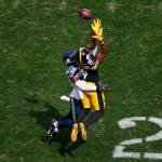 Pittsburgh Steelers JuJu Smith-Schuster (19) makes a catch against Seattle Seahawks defender Lano Hill (42) on Sunday at Heinz Field in Pittsburgh, Pa. (Justin K. Aller | Getty Images/TNS)