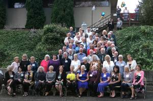 Photos courtesy Janet Bacon                                Aberdeen High Schools Class of 1969 raised $2,320 for the AHS band during its 50-year reunion this month. At left is the full contingent of attendees; at right are their St. Mary School alumni.