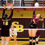 Ocostas Layne Martin spikes the ball in the second set of a match against South Bend on Tuesday in South Bend. Martin led the Wildcats with 11 kills in a 3-0 victory over the Indians. (Hasani Grayson | Grays Harbor News Group)