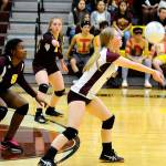 South Bends Makaylee Kuiken digs out a serve in the second set of a match against Ocosta on Tuesday at South Bend High School. (Hasani Grayson | Grays Harbor News Group)