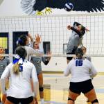 Montesanos Janessa Otterstetter gets her shot over the net in a match against Elma on Tuesday night in Elma. (Hasani Grayson | Grays Harbor News Group)